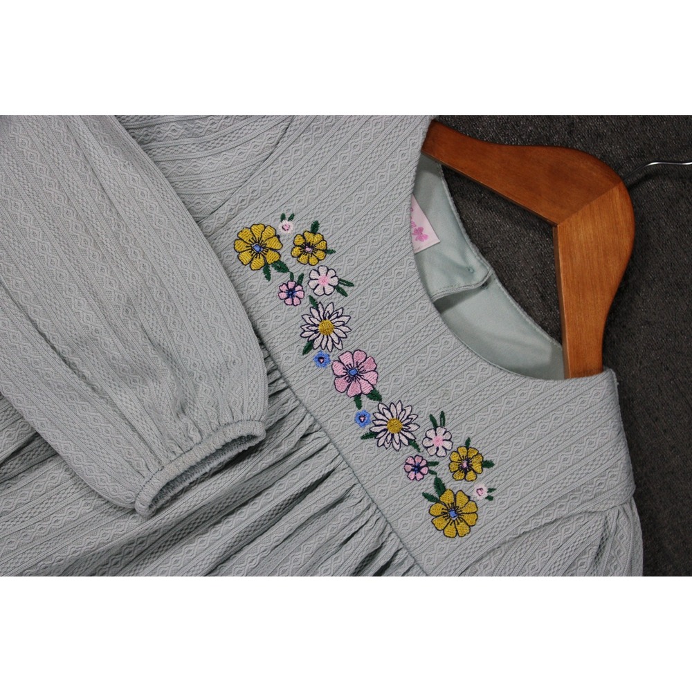 Bonnie Jean Girls Sage Green Cable Knit Floral Embroidered Dress W3-12907-PL TEA